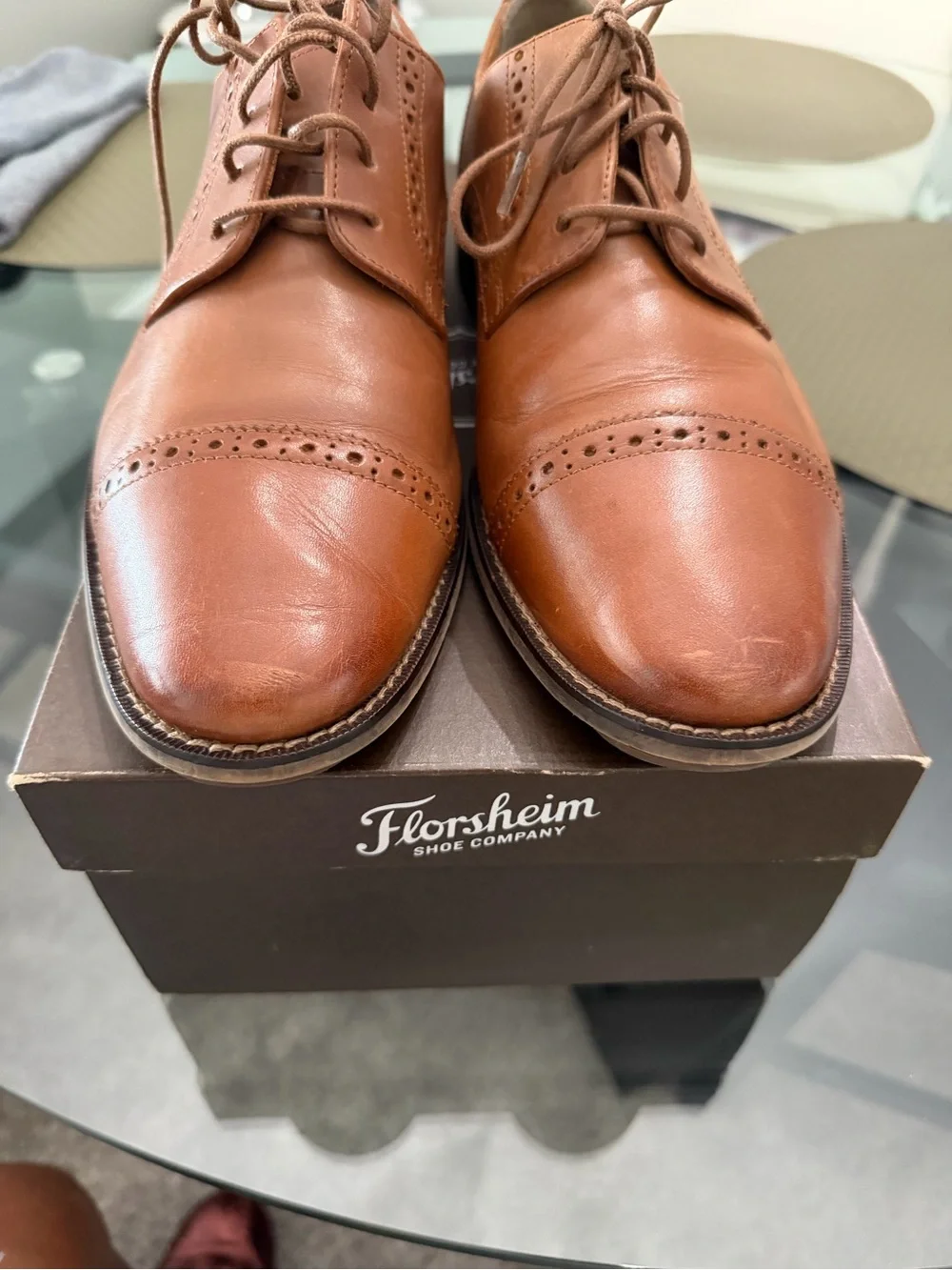 Florsheim Tan Leather Cap-Toe Derby with Brogue Detailing